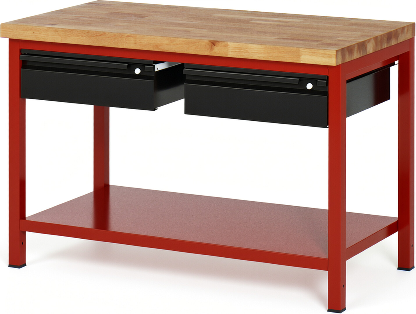 Werkbank - Modell 8002 BASIC rot - schwarz, BxTxH 1250x700x840-1040 mm,  Buche-Massiv Arbeitsplatte 40 mm,  2 Schubladen mit  Auszug 90 %