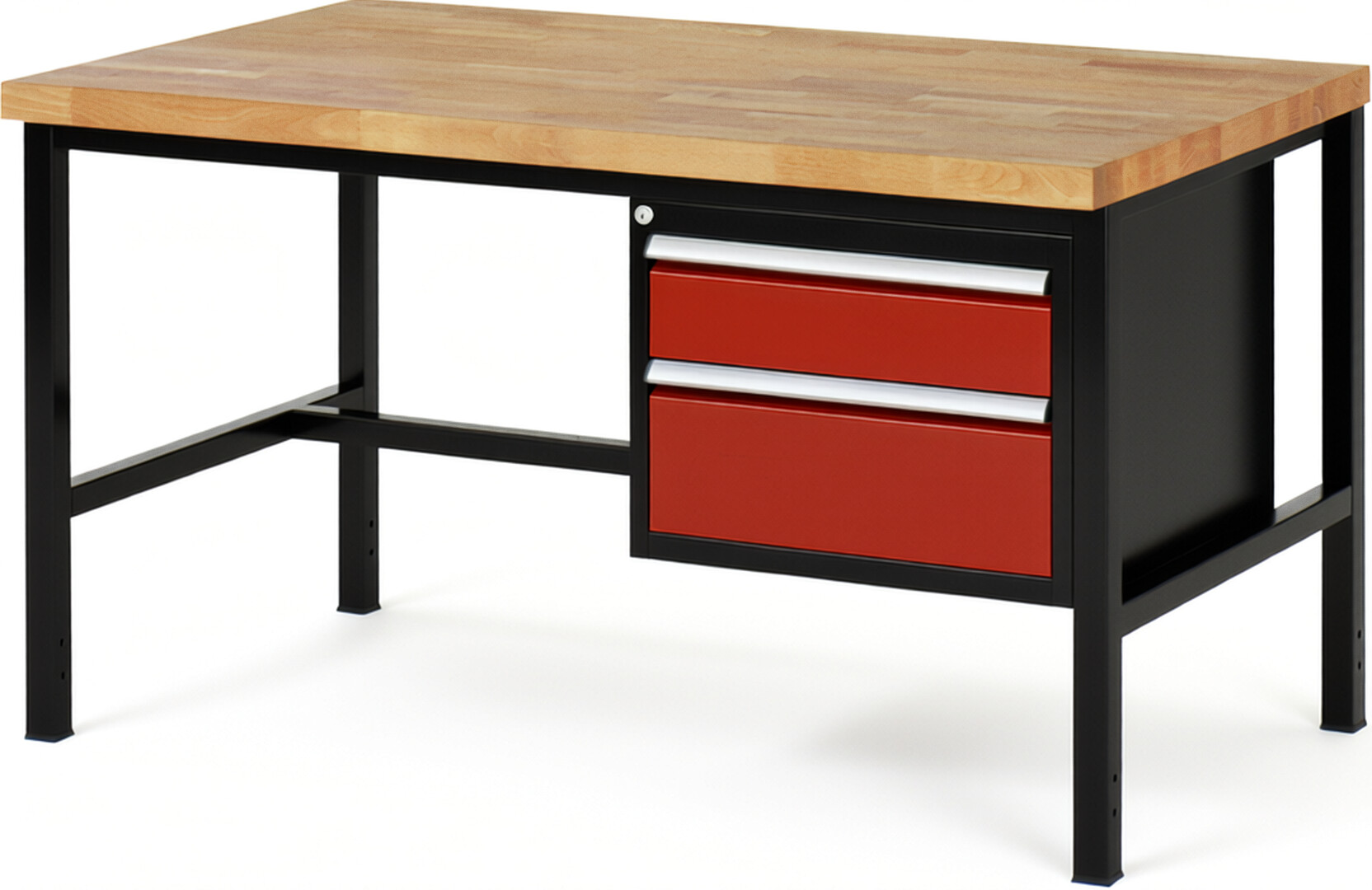 RAU Werkbank schwarz - rot - Breite 150 cm - Tiefe 90 cm - Höhe 104 cm - Buche-Massiv Arbeitsplatte 40 mm