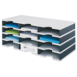 Ablage- und Sortiersystem, Grundmodul, 3x4 Fächer, BxTxH 723x331x293 mm, Polystyrol, grau/schwarz