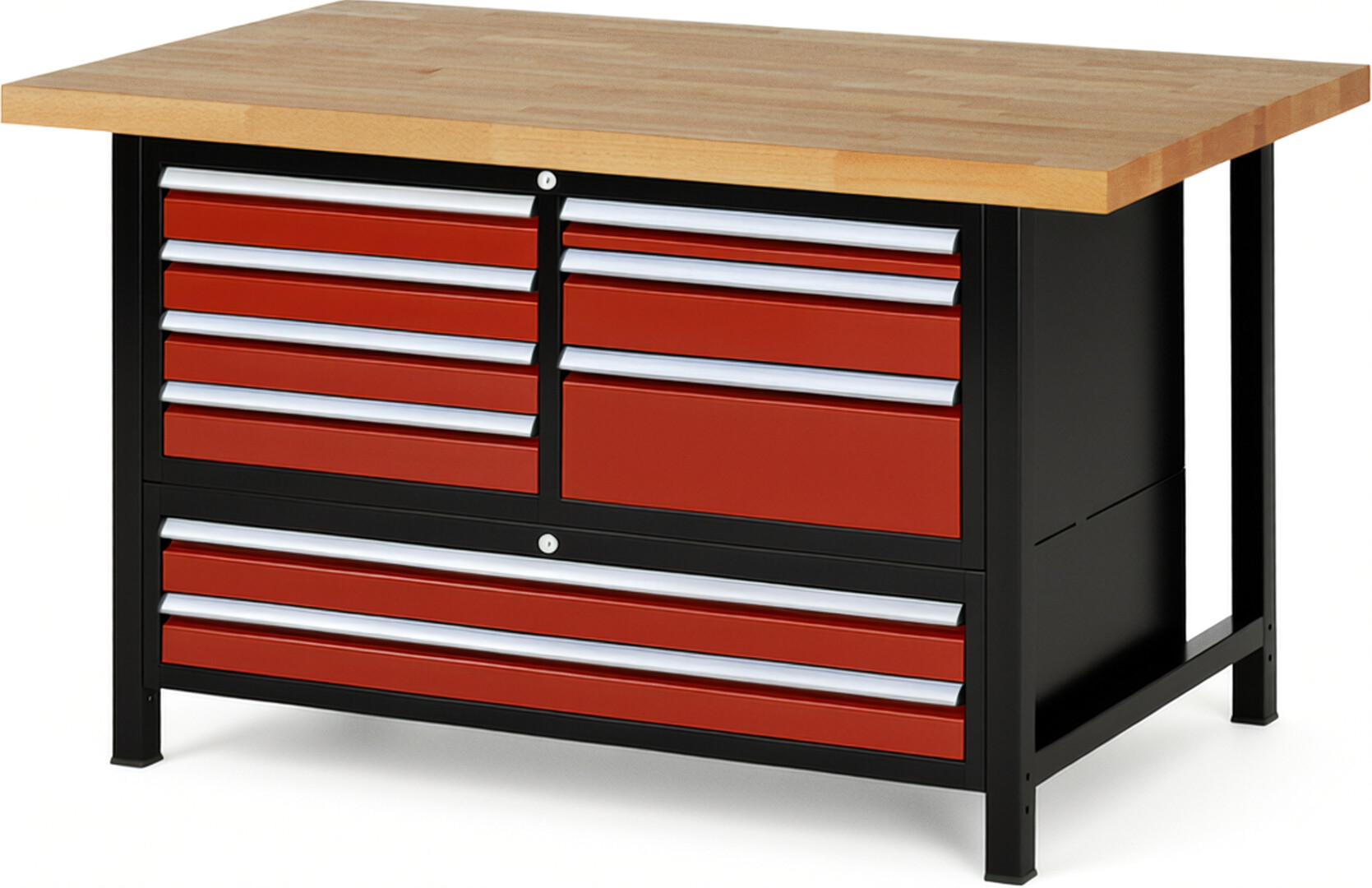 RAU Werkbank schwarz - rot - Breite 150 cm - Tiefe 90 cm - Höhe 104 cm - Buche-Massiv Arbeitsplatte 40 mm