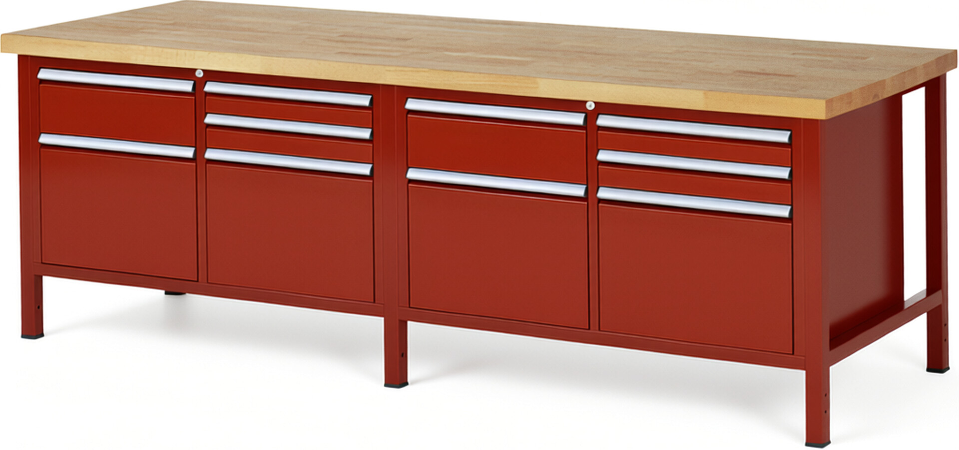 Werkbank Modell 8472 rot, BxTxH 2500x900x840-1040 mm,  Buche-Massiv Arbeitsplatte 40 mm,  10 Schubladen mit  Auszug 90 %