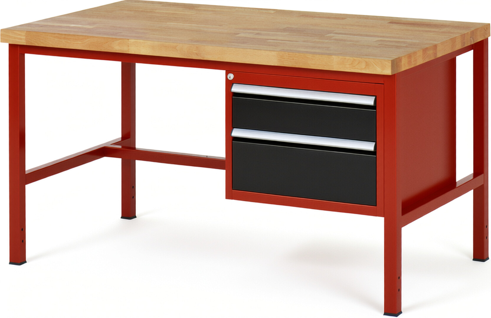 Werkbank Modell 8123 rot - schwarz, BxTxH 1500x900x840-1040 mm,  Buche-Massiv Arbeitsplatte 40 mm,  2 Schubladen mit  Auszug 90 %