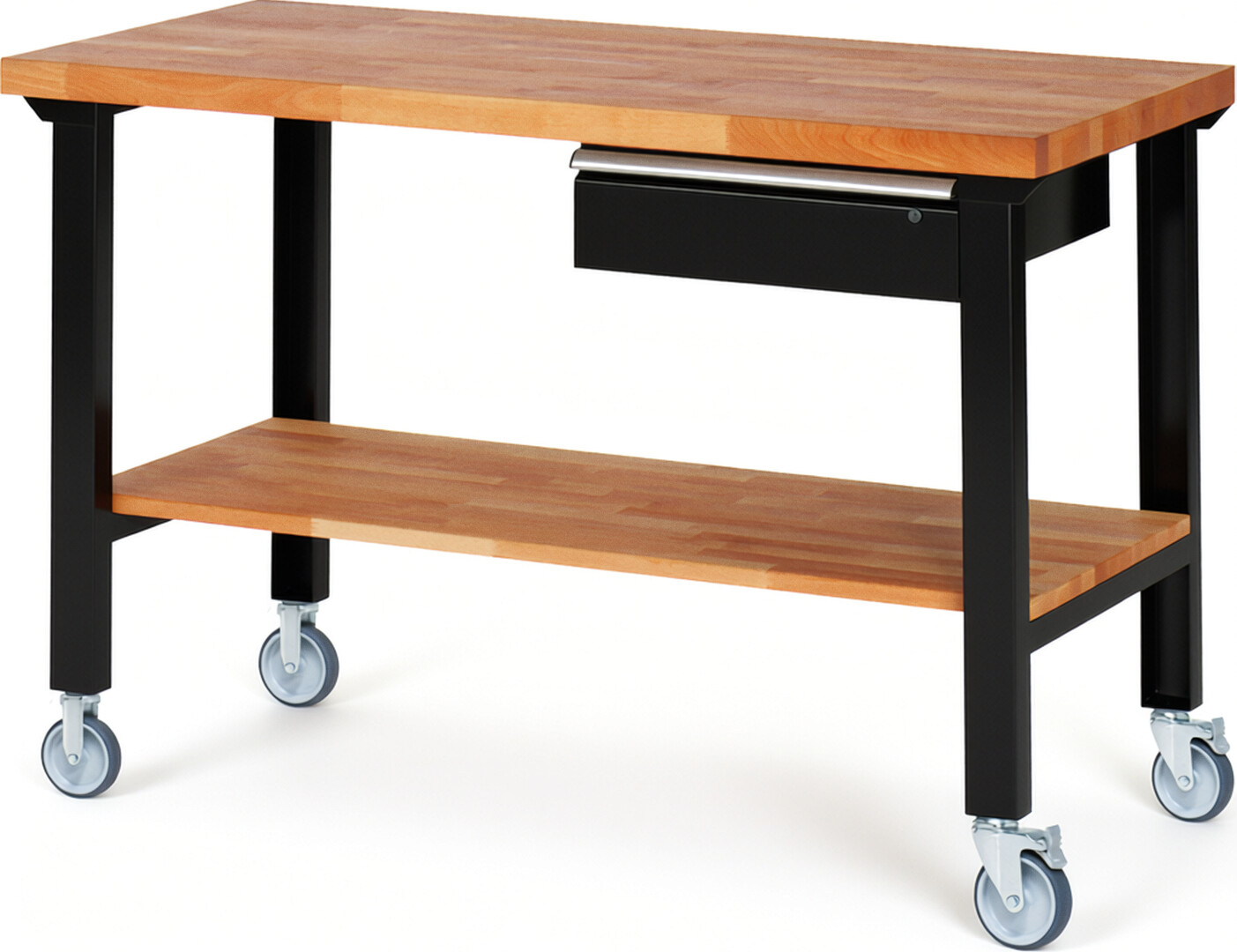 Fahrbare Werkbank Modell 7001 schwarz, BxTxH 1500x700x1000 mm,  Buche-Massiv Arbeitsplatte 40 mm,  1 Schublade mit  Auszug 90 %