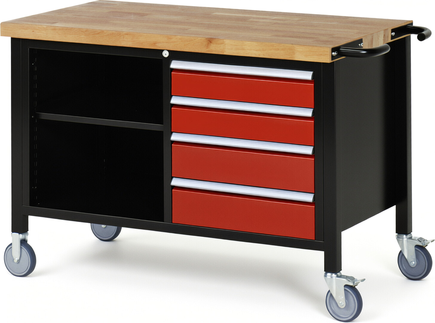 RAU Werkbank schwarz - rot - Breite 125 cm - Tiefe 70 cm - Höhe 108 cm - Buche-Massiv Arbeitsplatte 40 mm