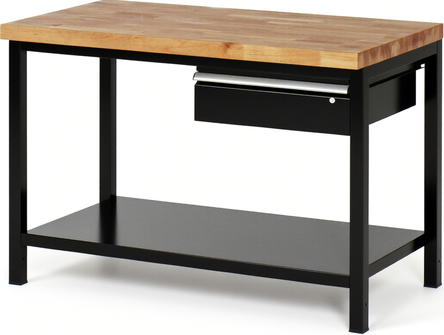 Werkbank Modell 8001 schwarz, BxTxH 1250x700x840 mm,  Buche-Massiv Arbeitsplatte 40 mm,  1 Schublade mit  Auszug 90 %