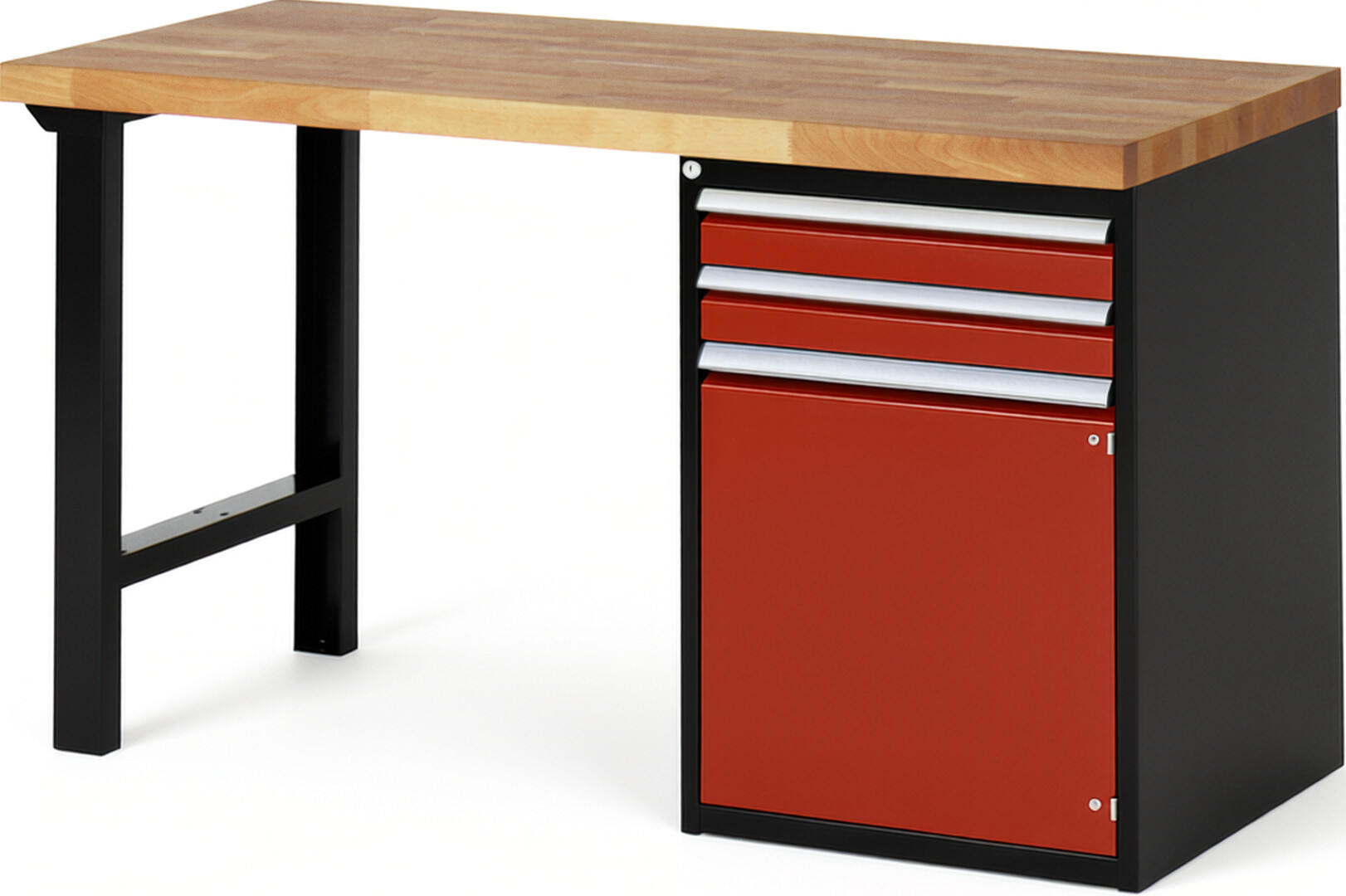 RAU Werkbank schwarz - rot - Breite 150 cm - Tiefe 70 cm - Höhe 89 cm - Buche-Massiv Arbeitsplatte 40 mm
