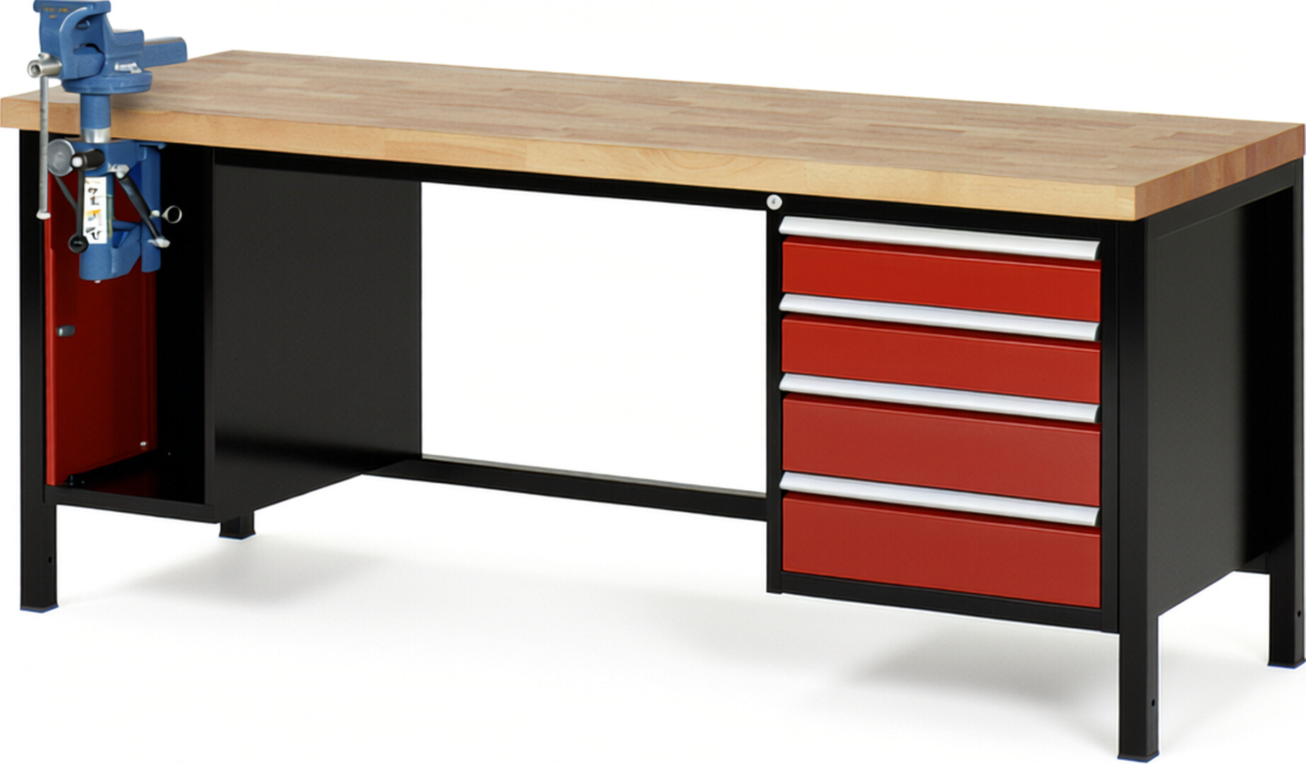 RAU Werkbank schwarz - rot - Breite 200 cm - Tiefe 70 cm - Höhe 104 cm - Buche-Massiv Arbeitsplatte 40 mm