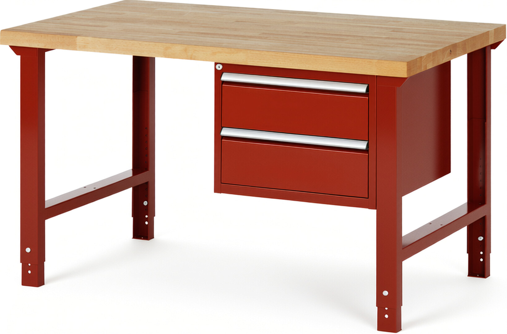 Werkbank Modell 7125 rot, BxTxH 1500x900x790-1140 mm,  Buche-Massiv Arbeitsplatte 40 mm,  2 Schubladen mit  Vollauszug 100 % und  SoftClosing