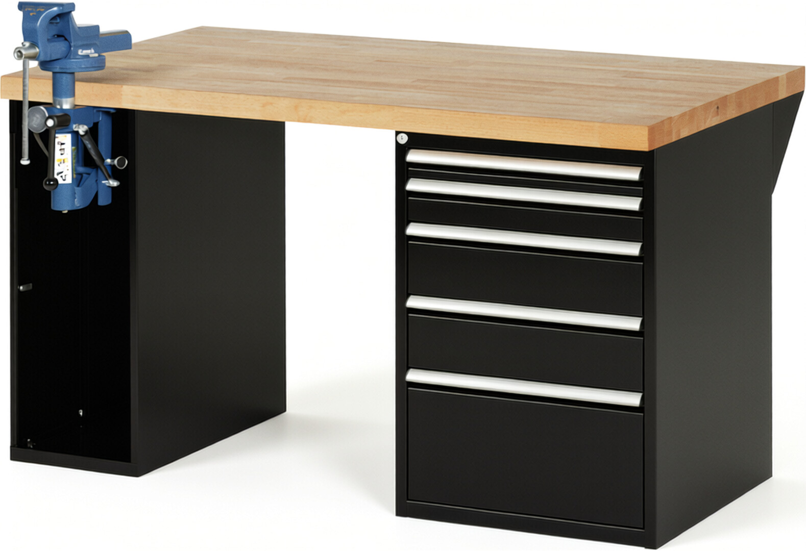 Werkbank Modell 7511 schwarz, BxTxH 1500x900x890 mm,  Buche-Massiv Arbeitsplatte 40 mm,  5 Schubladen mit  Auszug 90 %