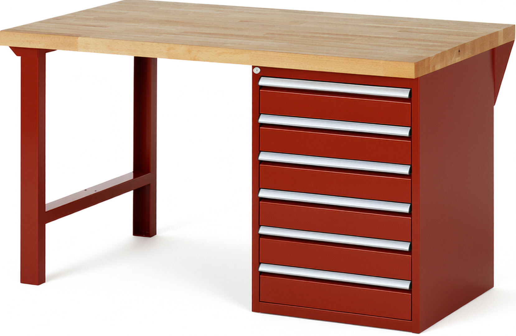 Werkbank Modell 7516 rot, BxTxH 1500x900x890 mm,  Buche-Massiv Arbeitsplatte 40 mm,  6 Schubladen mit  Vollauszug 100 % und  SoftClosing