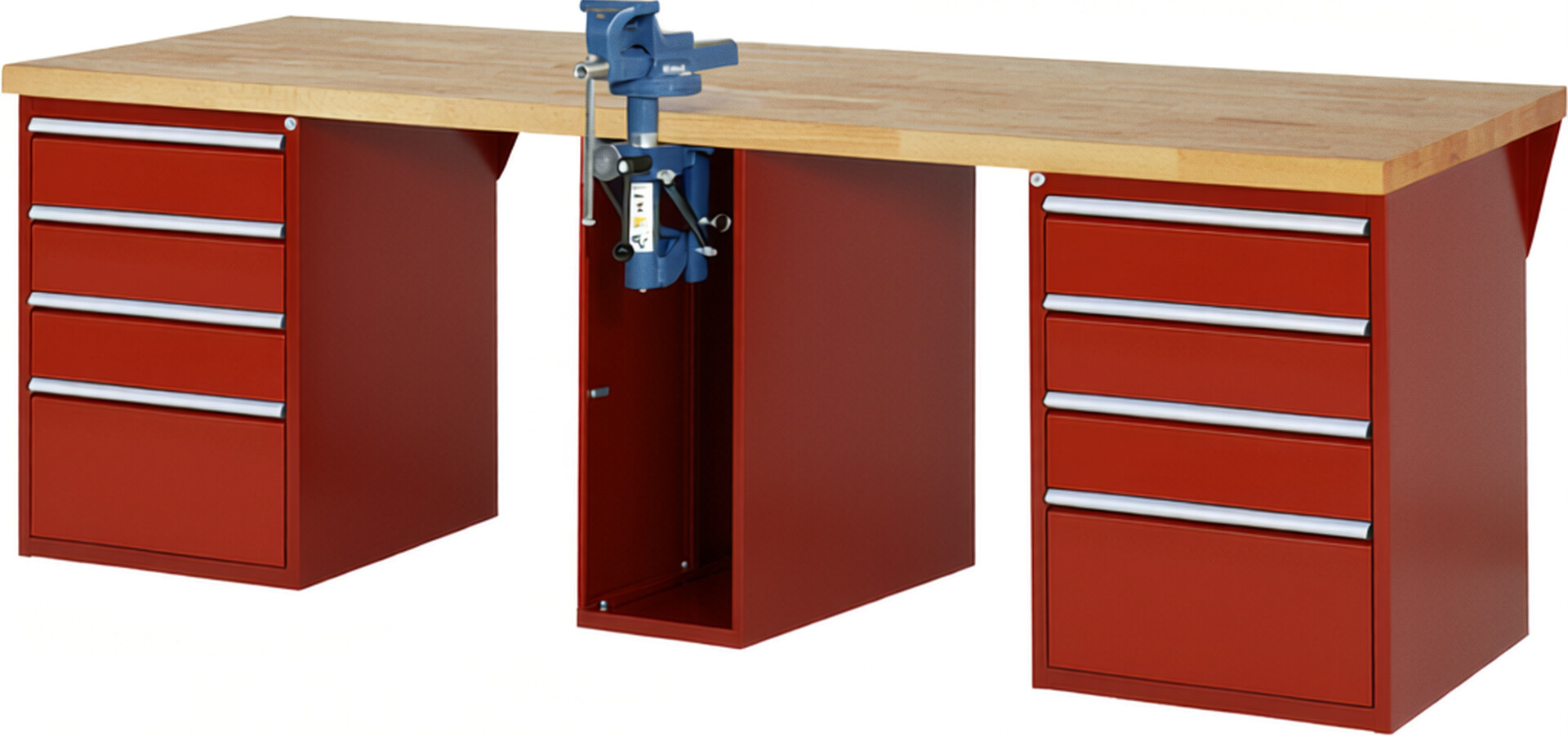 Werkbank Modell 7510 rot, BxTxH 2500x900x840 mm,  Buche-Massiv Arbeitsplatte 40 mm,  8 Schubladen mit  Auszug 90 %