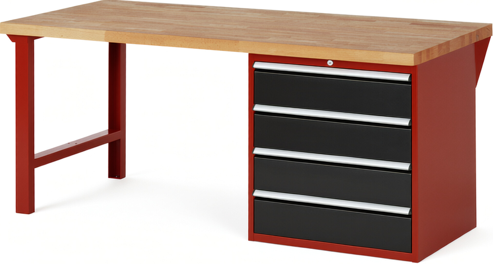 Werkbank Modell 7609 rot - schwarz, BxTxH 2000x900x890 mm,  Buche-Massiv Arbeitsplatte 40 mm,  4 Schubladen mit  Auszug 90 %