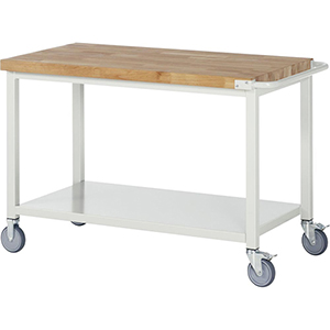 Fahrbare Werkbank, Breite 125 cm, Tiefe 70 cm, Höhe 88 cm, Platte: Buche-Riegel
