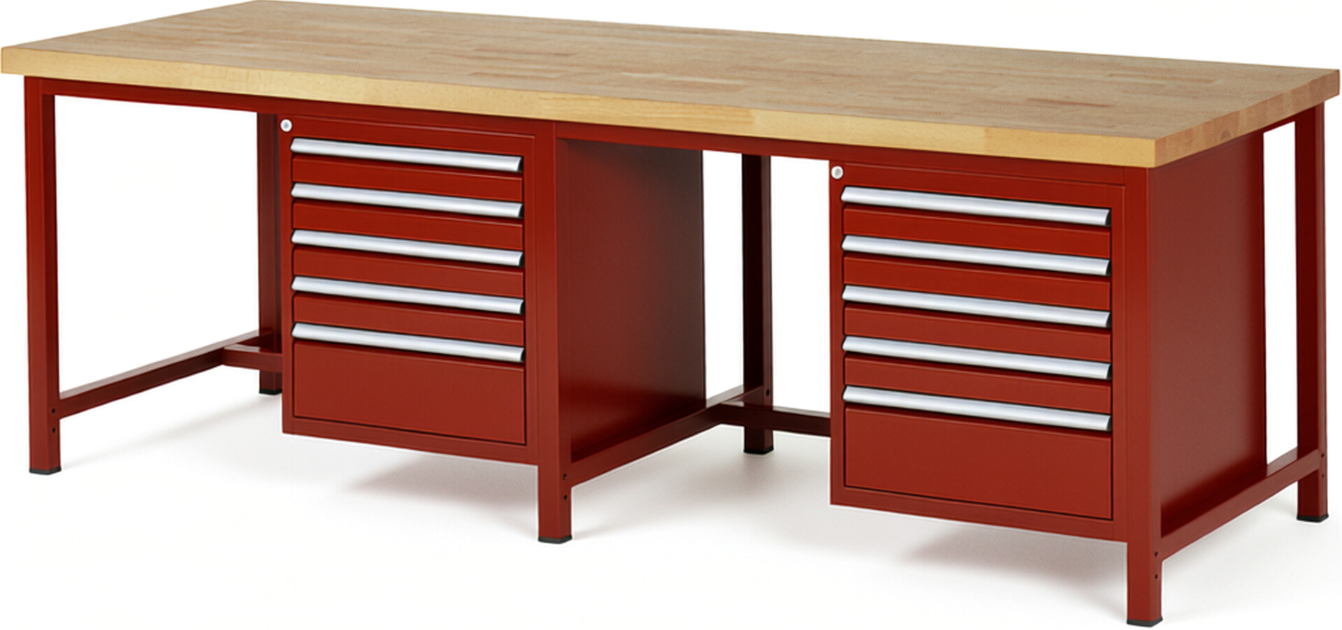 Werkbank Modell 8168 rot, BxTxH 2500x900x840-1040 mm,  Buche-Massiv Arbeitsplatte 40 mm,  10 Schubladen mit  Auszug 90 %