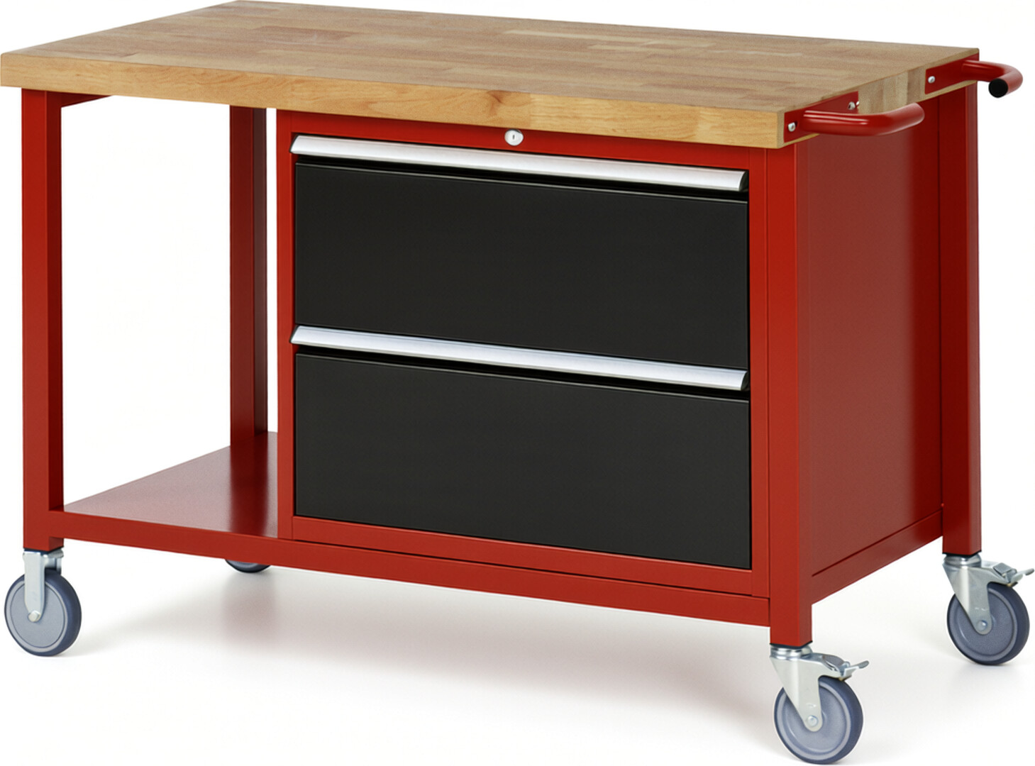 Fahrbare Werkbank Modell 8255 rot - schwarz, BxTxH 1250x700x880 mm,  Buche-Massiv Arbeitsplatte 40 mm,  2 Schubladen mit  Vollauszug 100 % und  SoftClosing