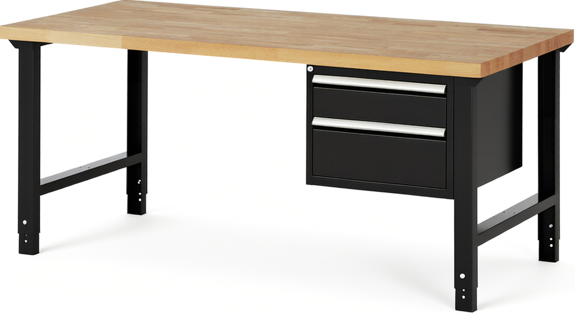 Werkbank Modell 7123 schwarz, BxTxH 2000x900x790-1140 mm,  Buche-Massiv Arbeitsplatte 40 mm,  2 Schubladen mit  Auszug 90 %