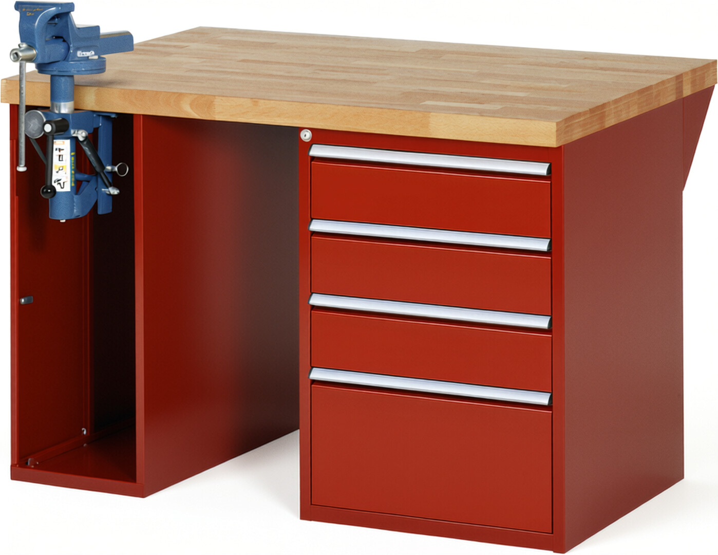 Werkbank Modell 7510 rot, BxTxH 1250x900x890 mm,  Buche-Massiv Arbeitsplatte 40 mm,  4 Schubladen mit  Vollauszug 100 % und  SoftClosing