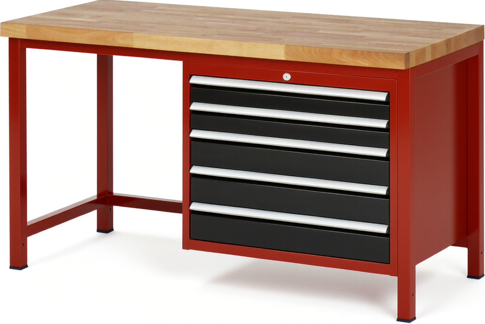 Werkbank Modell 8271 rot - schwarz, BxTxH 1500x700x840-1040 mm,  Buche-Massiv Arbeitsplatte 40 mm,  5 Schubladen mit  Auszug 90 %