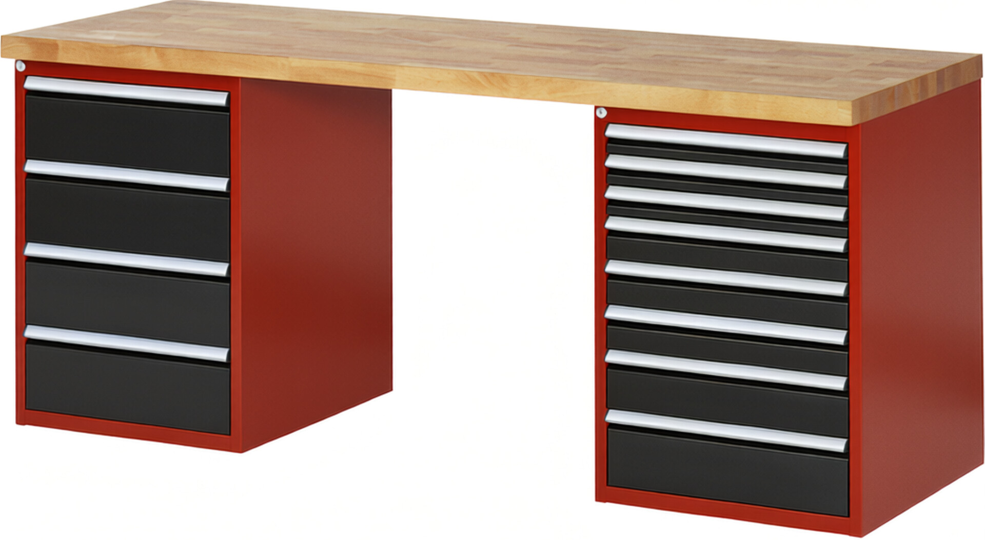 Werkbank Modell 7822 rot - schwarz, BxTxH 2000x700x890 mm,  Buche-Massiv Arbeitsplatte 40 mm,  12 Schubladen mit  Vollauszug 100 % und  SoftClosing