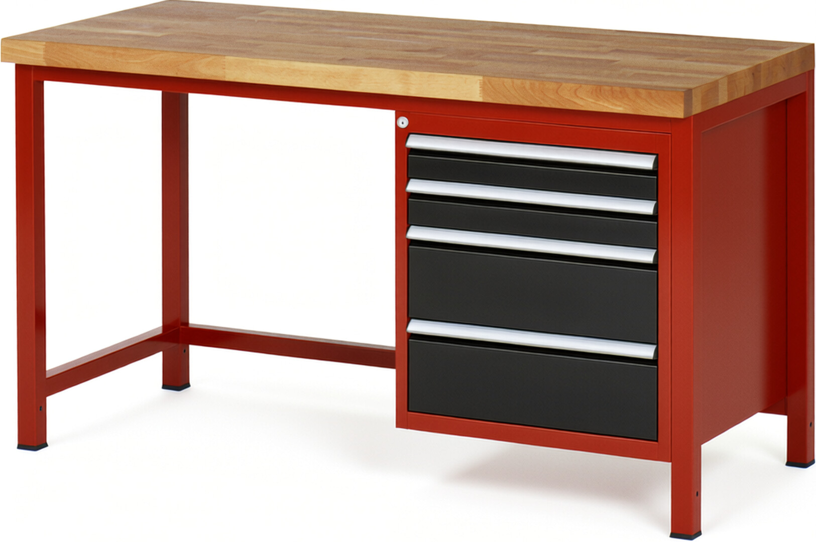 Werkbank Modell 8161 rot - schwarz, BxTxH 1500x700x840-1040 mm,  Buche-Massiv Arbeitsplatte 40 mm,  4 Schubladen mit  Auszug 90 %
