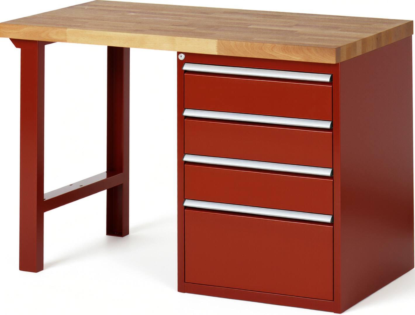 Werkbank Modell 7510 rot, BxTxH 1250x700x890 mm,  Buche-Massiv Arbeitsplatte 40 mm,  4 Schubladen mit  Auszug 90 %