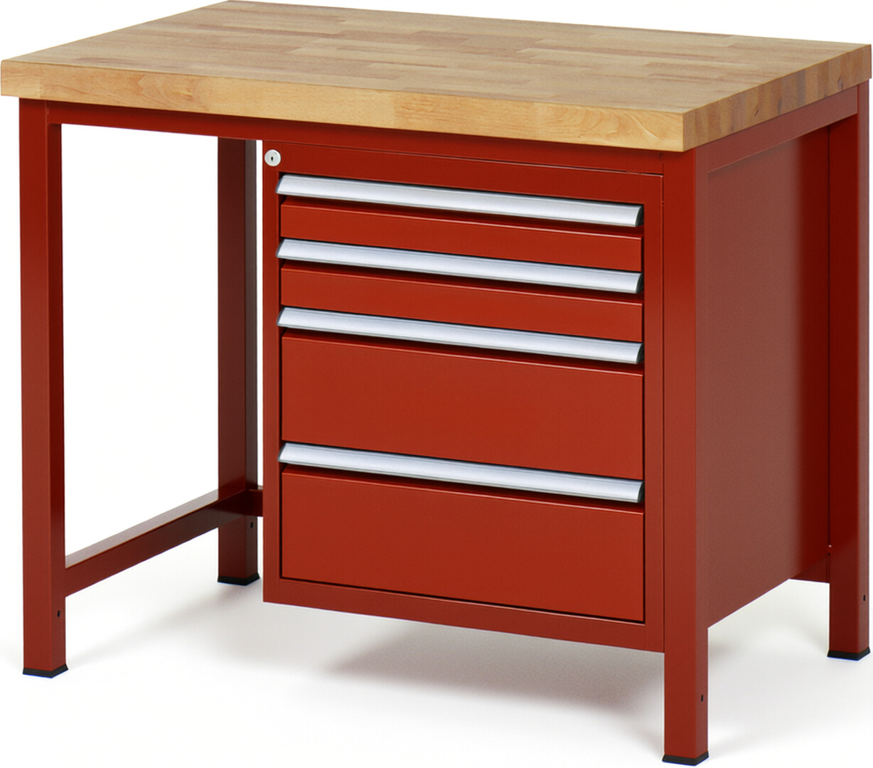 Werkbank Modell 8161 rot, BxTxH 1000x700x840 mm,  Buche-Massiv Arbeitsplatte 40 mm,  4 Schubladen mit  Auszug 90 %