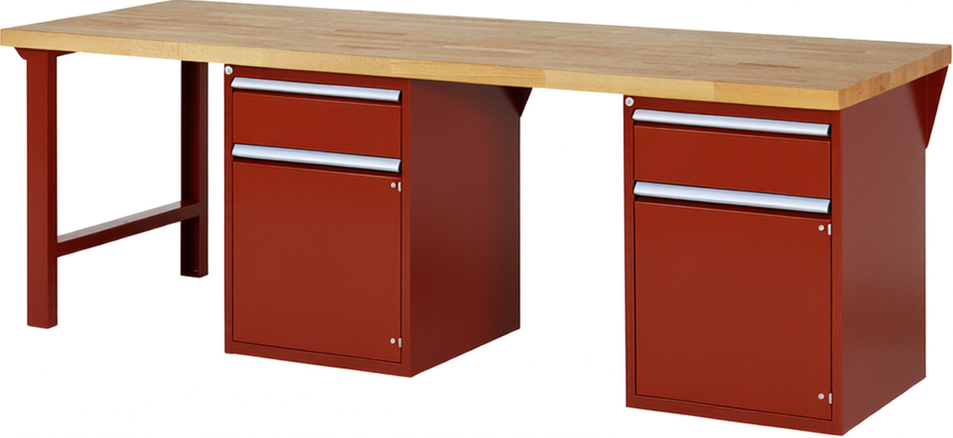 Werkbank Modell 7502 rot, BxTxH 2500x900x890 mm,  Buche-Massiv Arbeitsplatte 40 mm,  2 Schubladen mit  Auszug 90 %