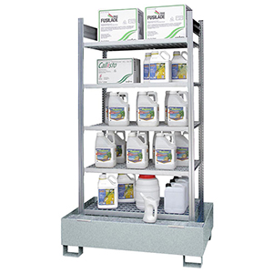 Kleingebinderegal mit 4 Gitterrostböden und 1 Auffangwanne verzinkt