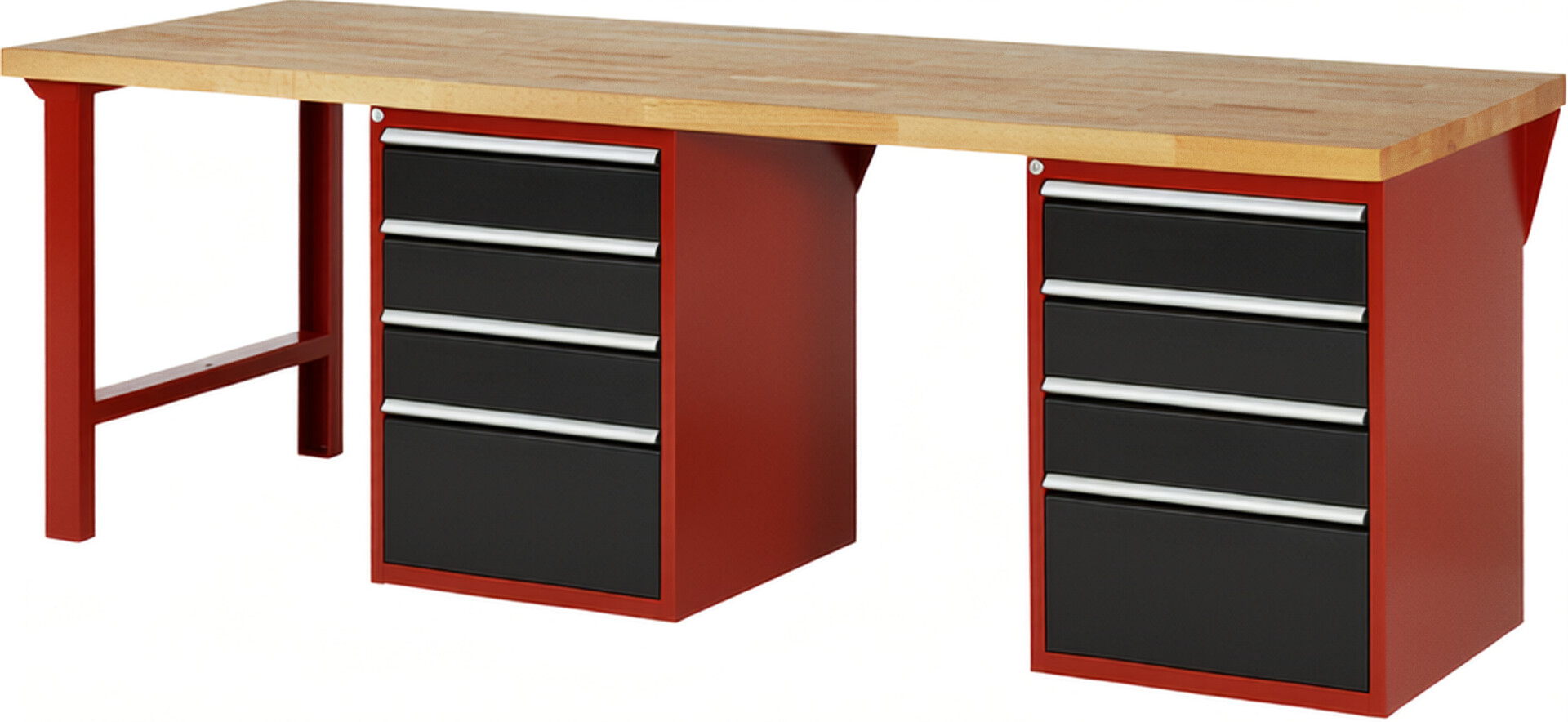 Werkbank Modell 7510 rot - schwarz, BxTxH 2500x900x890 mm,  Buche-Massiv Arbeitsplatte 40 mm,  8 Schubladen mit  Vollauszug 100 % und  SoftClosing