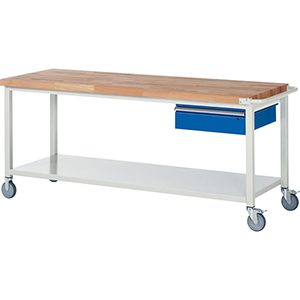 Fahrbare Werkbank, BxTxH 2000x700x880 mm, 1 Schublade 150 mm, Ablageboden, Platte Buche 40 mm, RAL 7035/5010