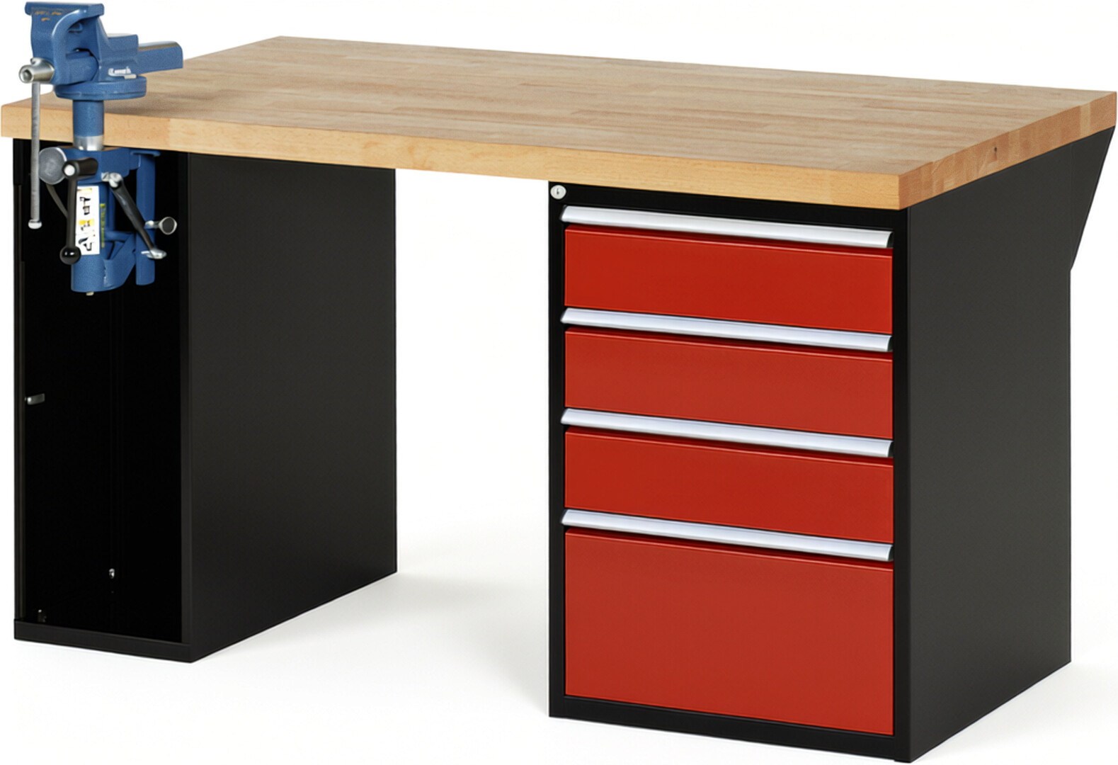 RAU Werkbank schwarz - rot - Breite 150 cm - Tiefe 90 cm - Höhe 89 cm - Buche-Massiv Arbeitsplatte 40 mm