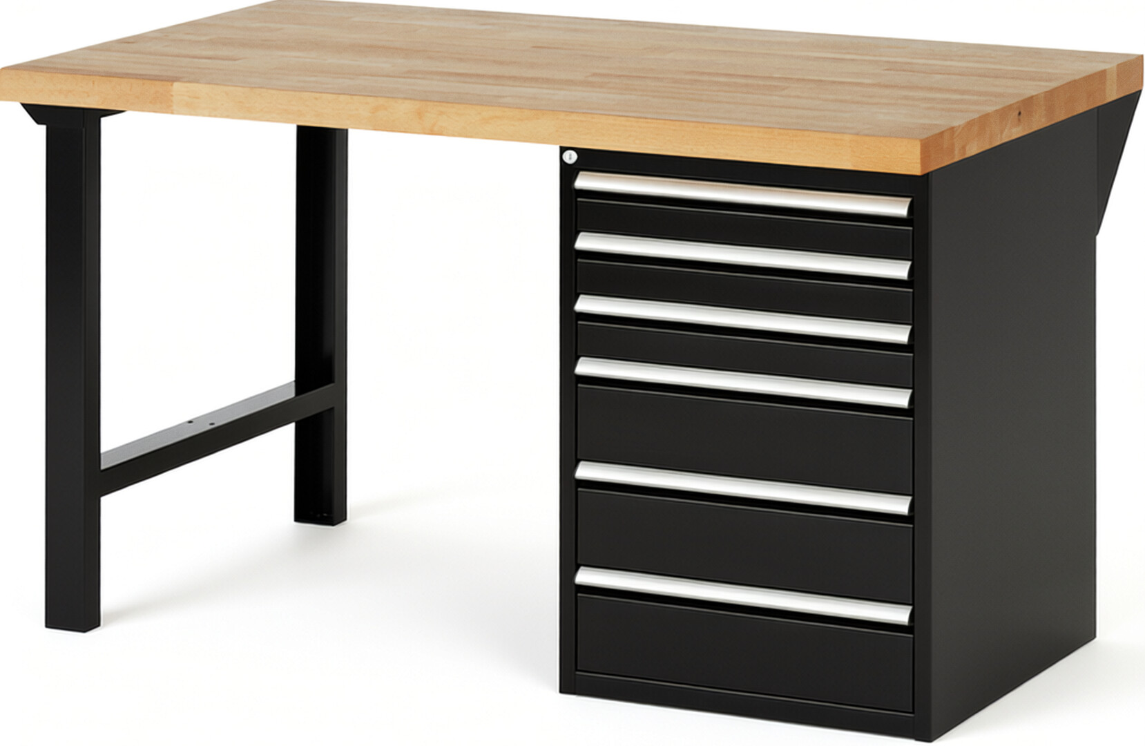 Werkbank Modell 7515 schwarz, BxTxH 1500x900x890 mm,  Buche-Massiv Arbeitsplatte 40 mm,  6 Schubladen mit  Vollauszug 100 % und  SoftClosing