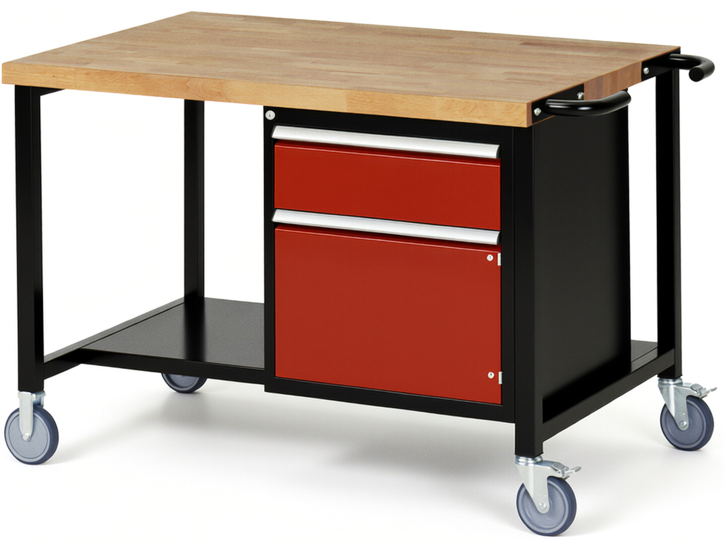 RAU Werkbank schwarz - rot - Breite 125 cm - Tiefe 90 cm - Höhe 108 cm - Buche-Massiv Arbeitsplatte 40 mm