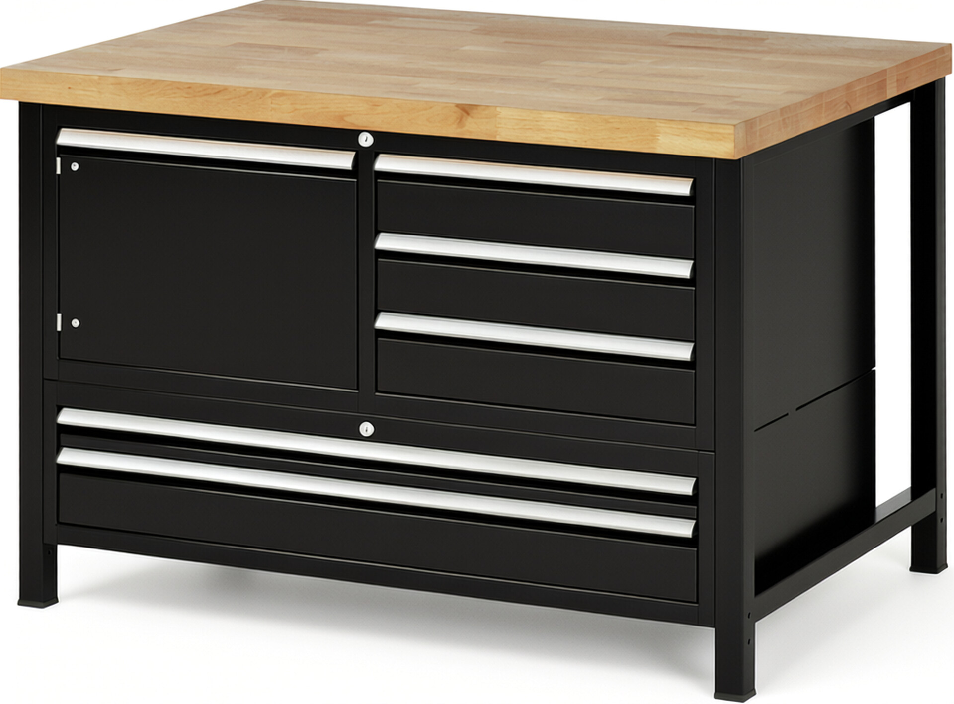 Werkbank Modell 8932 schwarz, BxTxH 1250x900x840 mm,  Buche-Massiv Arbeitsplatte 40 mm,  5 Schubladen mit  Auszug 90 %
