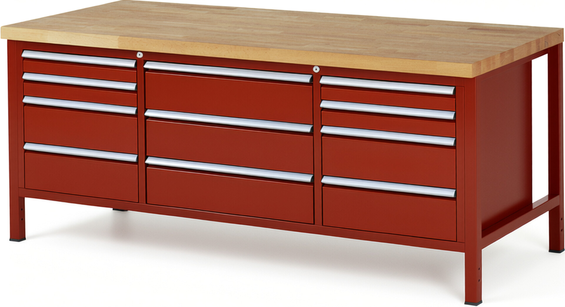 Werkbank Modell 8757 rot, BxTxH 2000x900x840-1040 mm,  Buche-Massiv Arbeitsplatte 40 mm,  11 Schubladen mit  Vollauszug 100 % und  SoftClosing