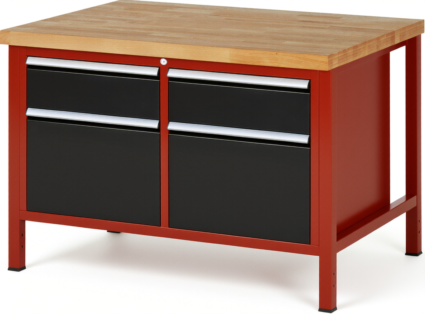 Werkbank Modell 8471 rot - schwarz, BxTxH 1250x900x840 mm,  Buche-Massiv Arbeitsplatte 40 mm,  4 Schubladen mit  Vollauszug 100 % und  SoftClosing
