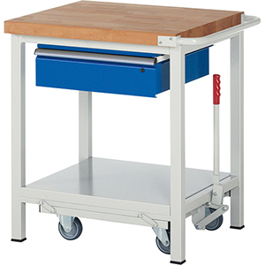 Werkbank mit absenkbarem Fahrgestell, BxTxH 750x700x880 mm, 1 Hängeschublade 150 mm, Platte Buche 40 mm, Ablageboden, RAL 7035/5010