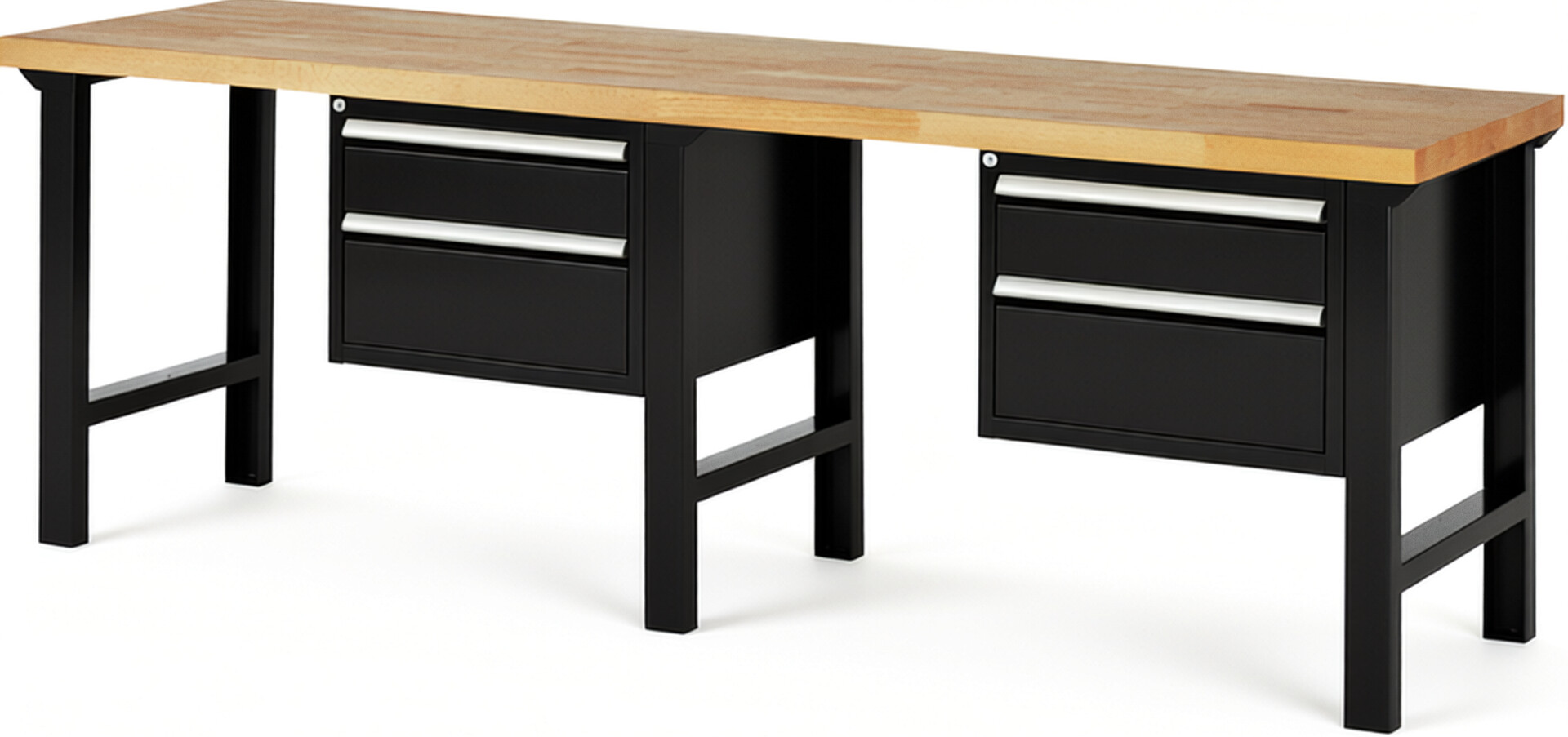 Werkbank Modell 7123 schwarz, BxTxH 2500x700x840 mm,  Buche-Massiv Arbeitsplatte 40 mm,  4 Schubladen mit  Auszug 90 %
