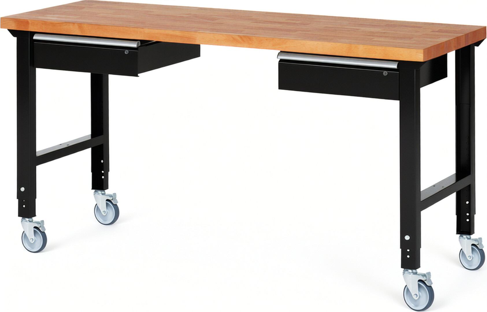 Fahrbare Werkbank Modell 7002 schwarz, BxTxH 2000x700x950-1000 mm,  Buche-Massiv Arbeitsplatte 40 mm,  2 Schubladen mit  Auszug 90 %