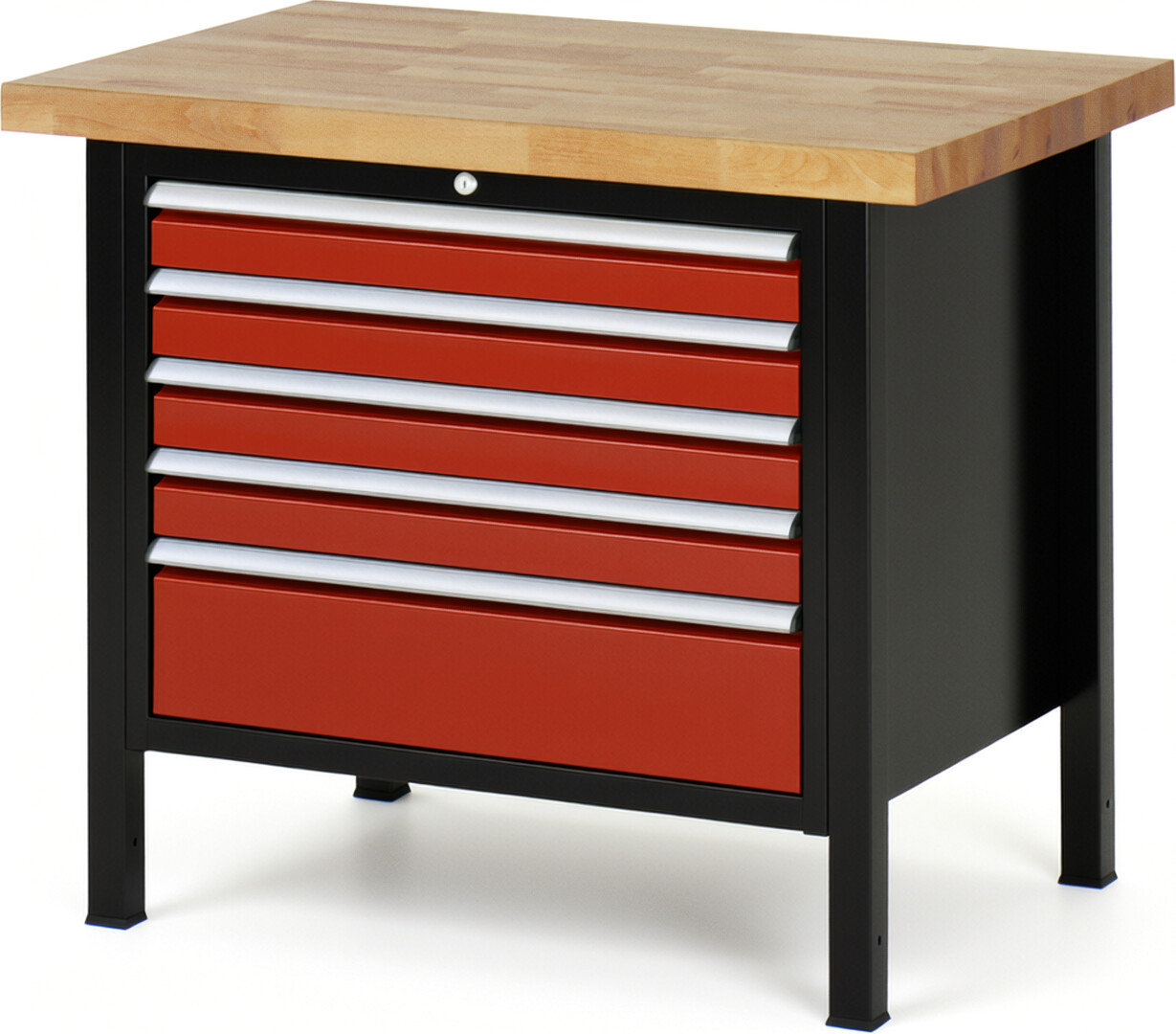 RAU Werkbank schwarz - rot - Breite 100 cm - Tiefe 70 cm - Höhe 104 cm - Buche-Massiv Arbeitsplatte 40 mm