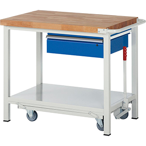 Werkbank mit absenkbarem Fahrgestell, Breite 100 cm, Tiefe 70 cm, Höhe 88 cm, 1 Schublade(n), Platte: Buche-Riegel