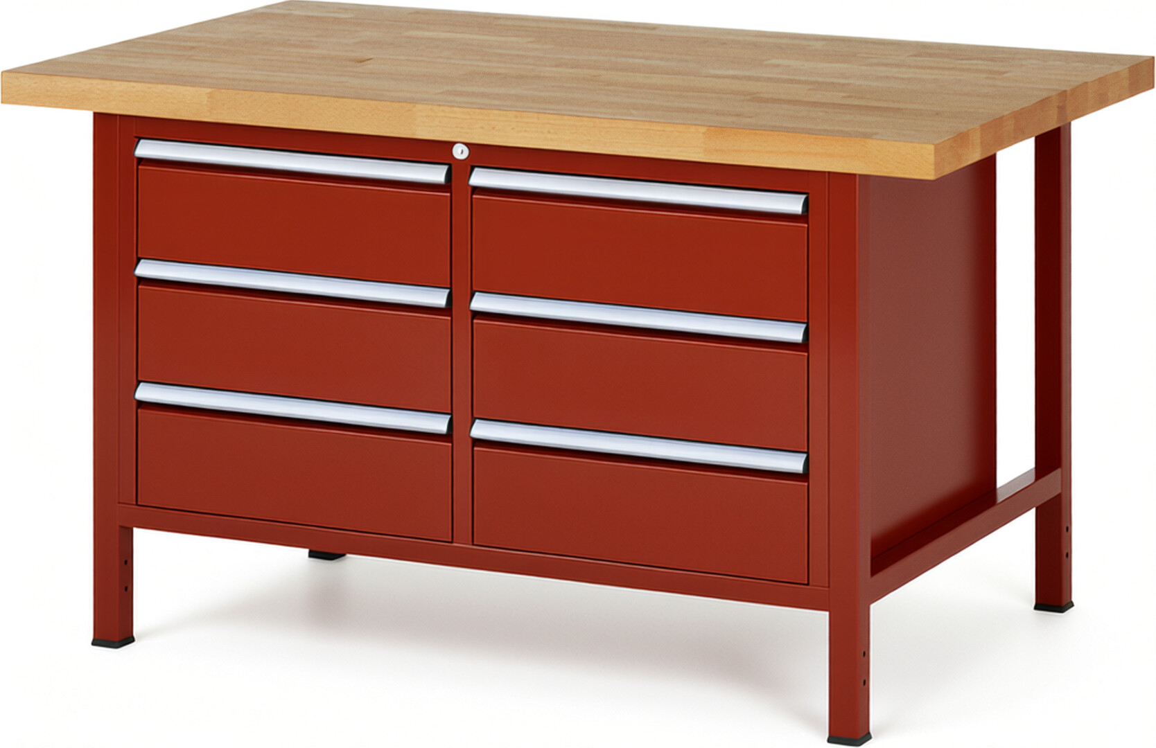 Werkbank Modell 8473 rot, BxTxH 1500x900x840 mm,  Buche-Massiv Arbeitsplatte 40 mm,  6 Schubladen mit  Vollauszug 100 % und  SoftClosing
