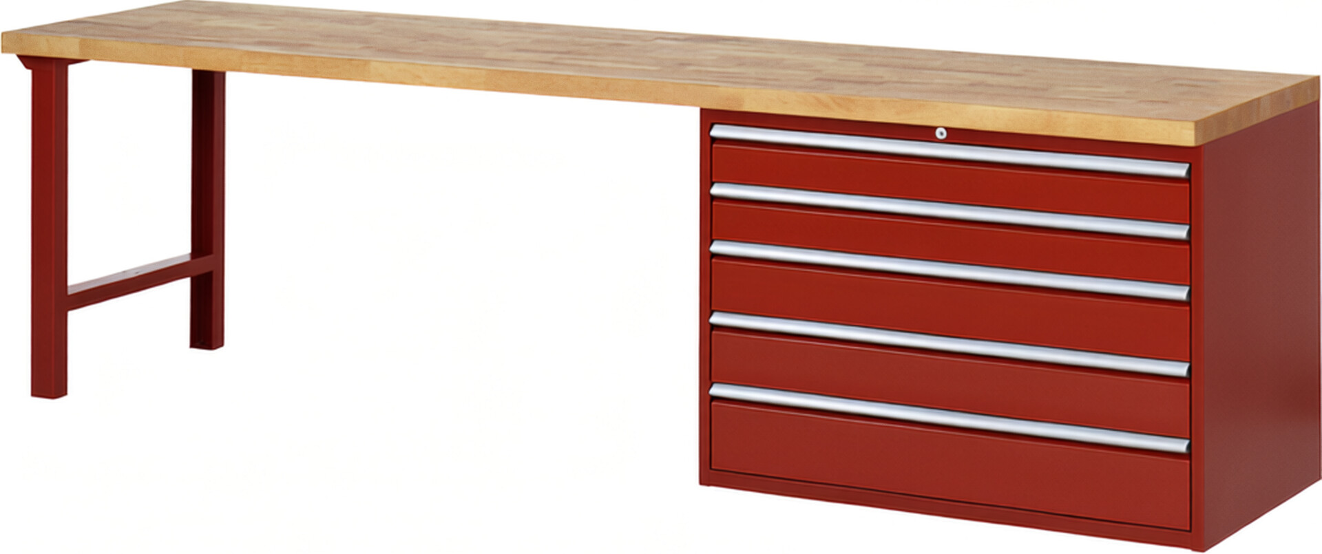 Werkbank Modell 7713 rot, BxTxH 3000x700x890 mm,  Buche-Massiv Arbeitsplatte 40 mm,  5 Schubladen mit  Vollauszug 100 % und  SoftClosing