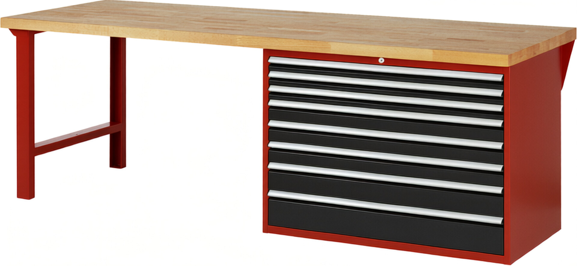 Werkbank Modell 7719 rot - schwarz, BxTxH 2500x900x890 mm,  Buche-Massiv Arbeitsplatte 40 mm,  8 Schubladen mit  Vollauszug 100 % und  SoftClosing
