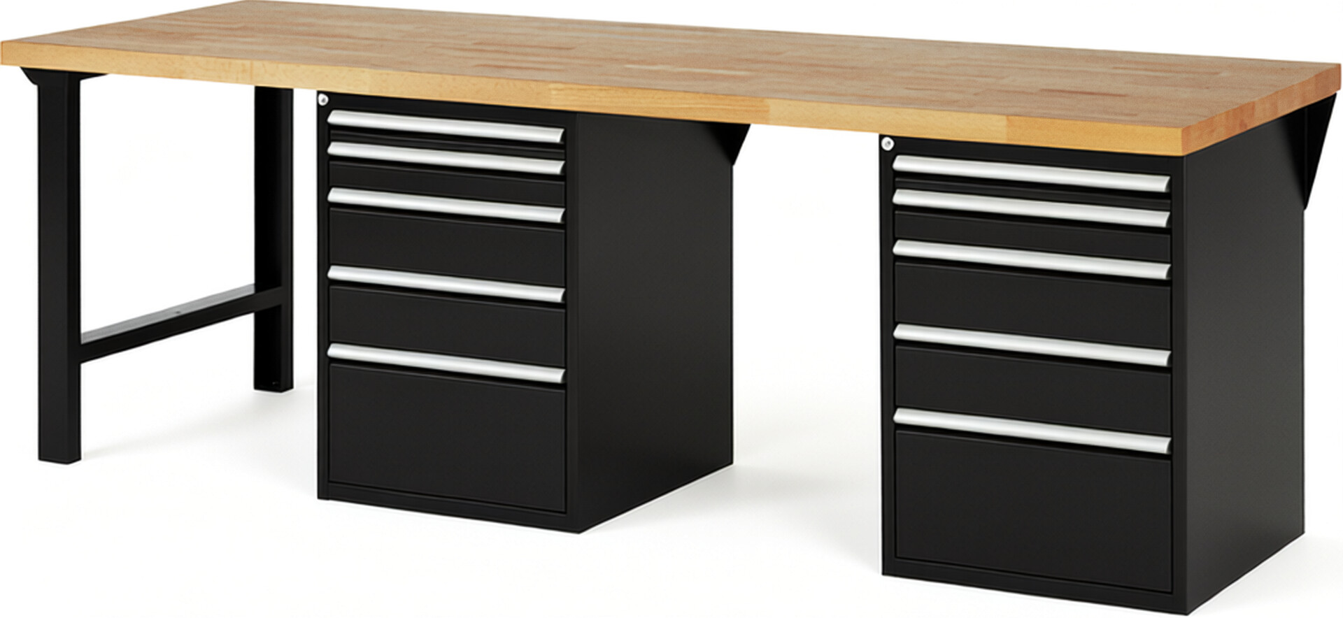 Werkbank Modell 7511 schwarz, BxTxH 2500x900x890 mm,  Buche-Massiv Arbeitsplatte 40 mm,  10 Schubladen mit  Auszug 90 %