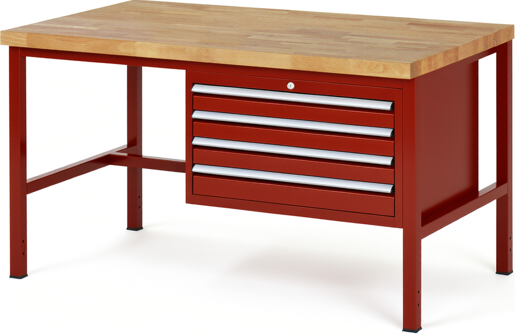Werkbank Modell 8233 rot, BxTxH 1500x900x840 mm,  Buche-Massiv Arbeitsplatte 40 mm,  4 Schubladen mit  Vollauszug 100 % und  SoftClosing