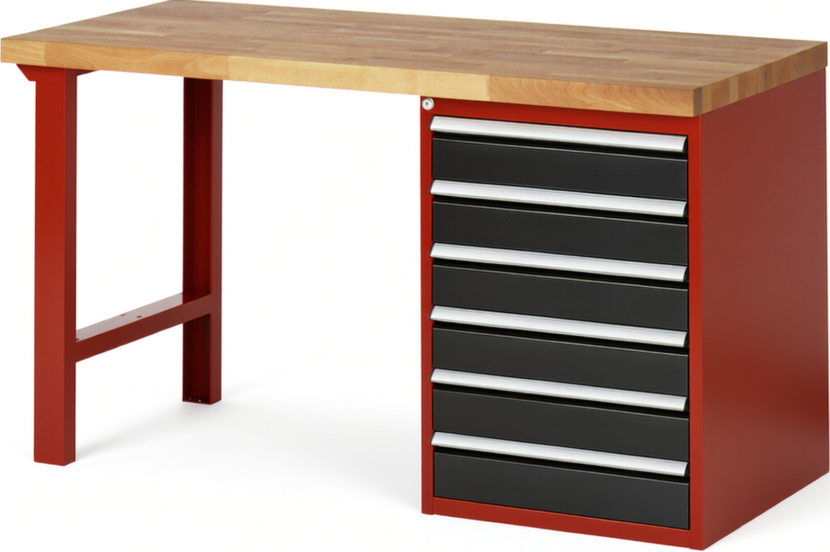 Werkbank Modell 7516 rot - schwarz, BxTxH 1500x700x890 mm,  Buche-Massiv Arbeitsplatte 40 mm,  6 Schubladen mit  Auszug 90 %