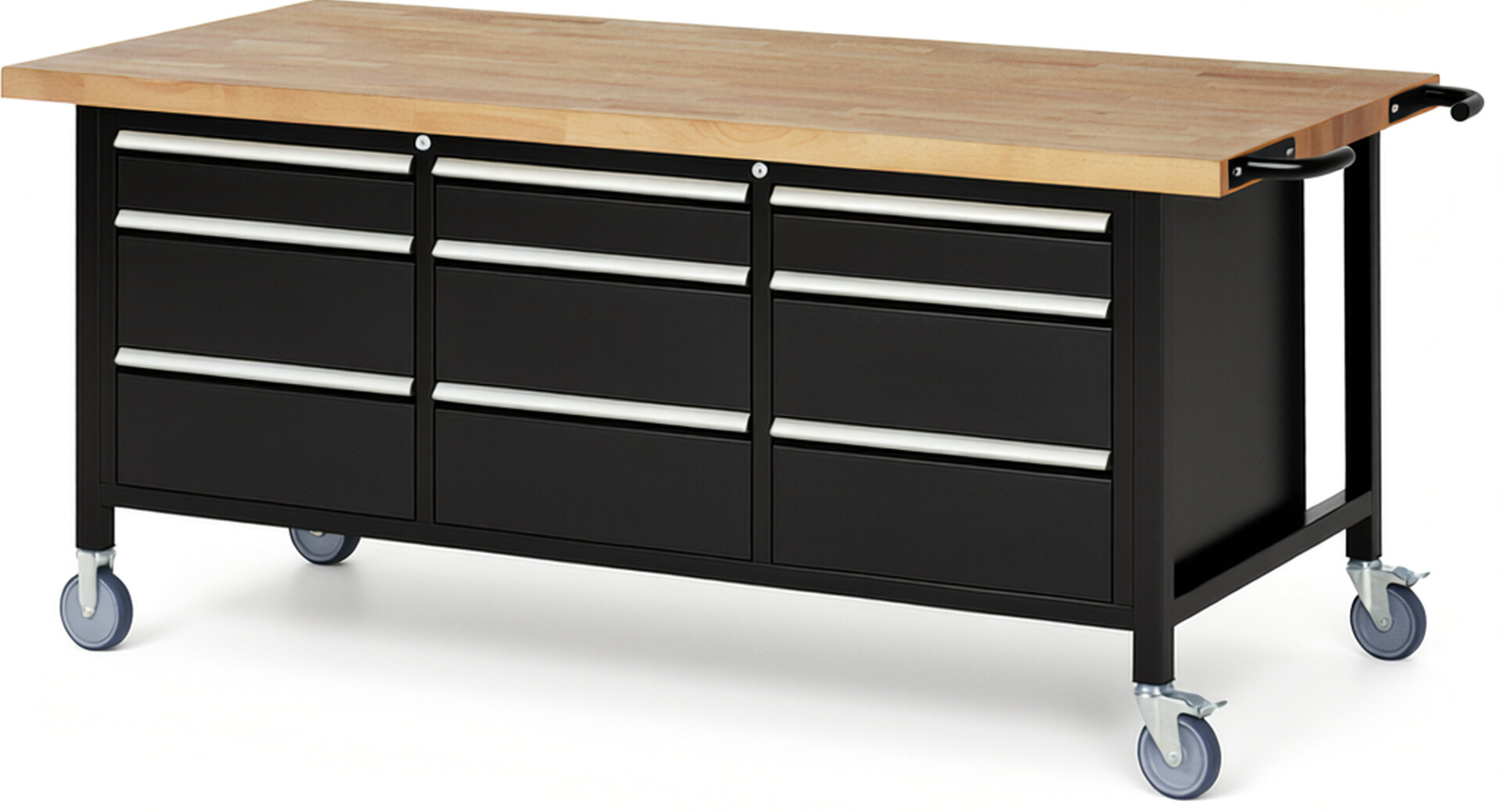 Fahrbare Werkbank Modell 8573 schwarz, BxTxH 2000x900x880 mm,  Buche-Massiv Arbeitsplatte 40 mm,  9 Schubladen mit  Auszug 90 %