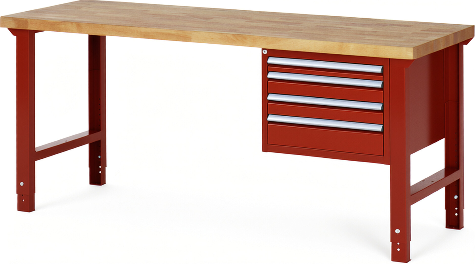 Werkbank Modell 7132 rot, BxTxH 2000x700x790-1140 mm,  Buche-Massiv Arbeitsplatte 40 mm,  4 Schubladen mit  Auszug 90 %
