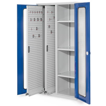 Werkzeugschrank - 2 Vertikalauszüge, 3 Fachböden - Farbe enzianblau, Türen mit Sichtfenstern, 1.950 x 1.000 x 600 mm (HxBxT)